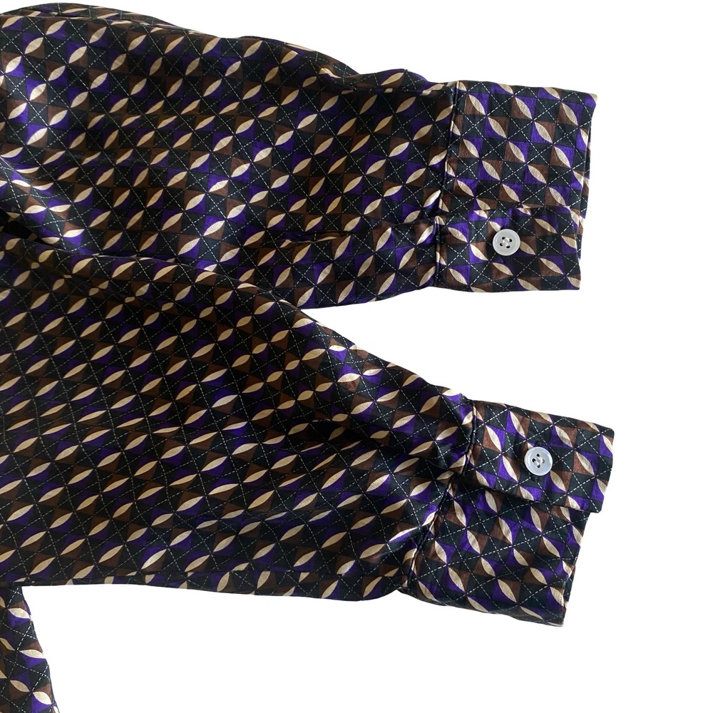 Halston Lifestyle Womens 14 Purple Brown Geometric 100% Silk Button Front Blouse - Picture 4 of 8